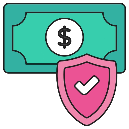 A graphic of currency with the dollar sign in the middle and a pink shield to the right with a checkmark.