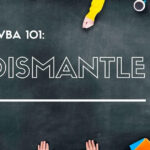 A cloudy gray backgound that could be a blackboard with many hands writing upon it with the words 'UWBA 101: Dismantle'