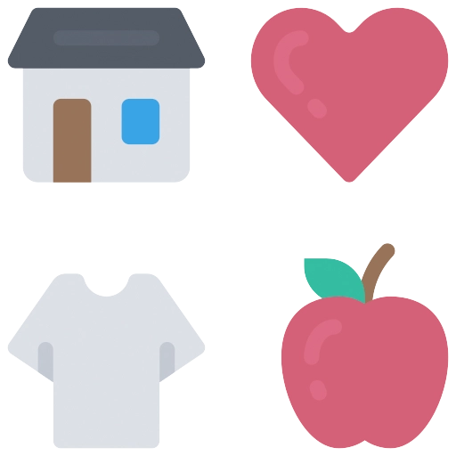 A graphic with a house, a heart, a shirt, and an apple.