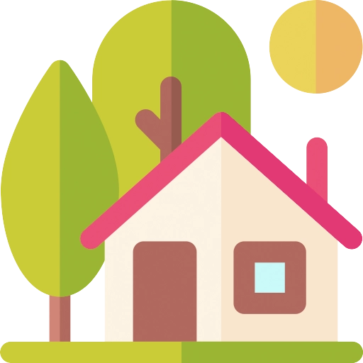 A graphic of a home with trees and a sun.