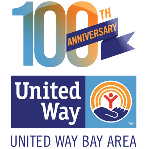 A logo with various shades of blues and oranges with the words '100th Anniversary' above the United Way Bay Area Logo which has the words 'United Way Bay Area'