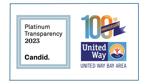 Two logos, one from Candid for the Platinum Transparency 2023 award and the United Way Bay Area 100th Anniversary Logo