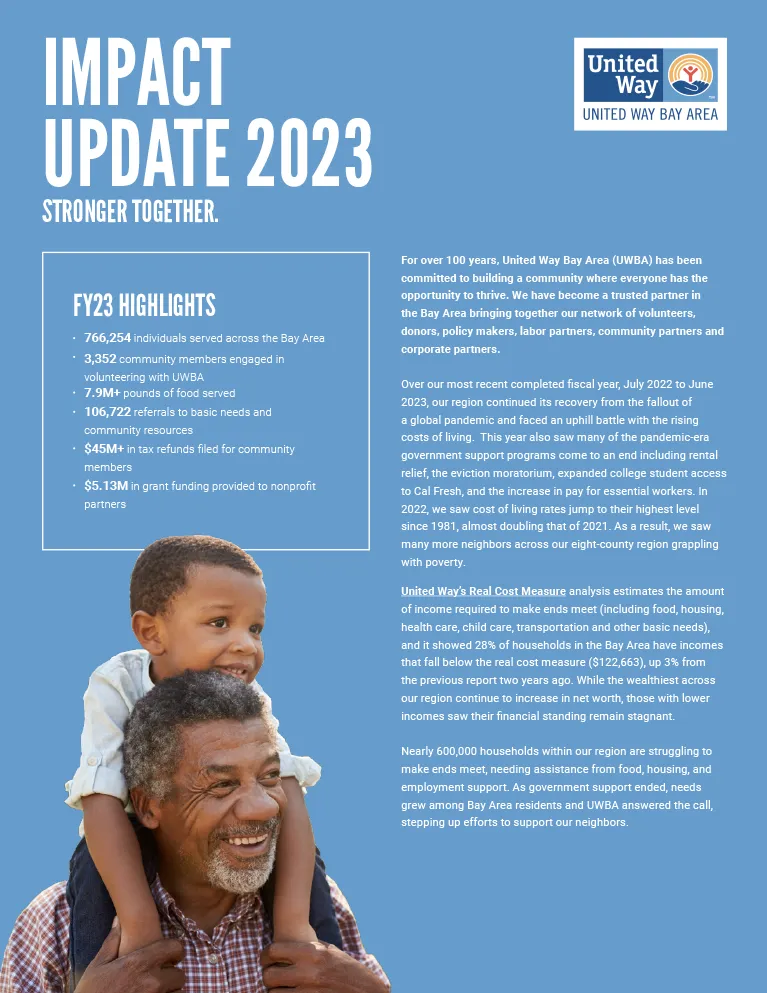 The cover of UWBA's 2023 Impact Report featuring a male presenting individual and their son.