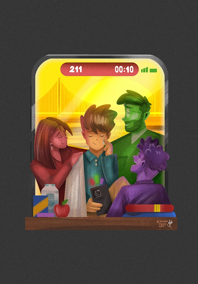 A color pencil drawing with vibrant colors imitating a cellphone with a photo of what looks to be a family supporting each other.