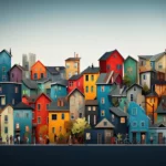 A moody illustration with a grayish blue sky and many color houses almost stacked atop each other.