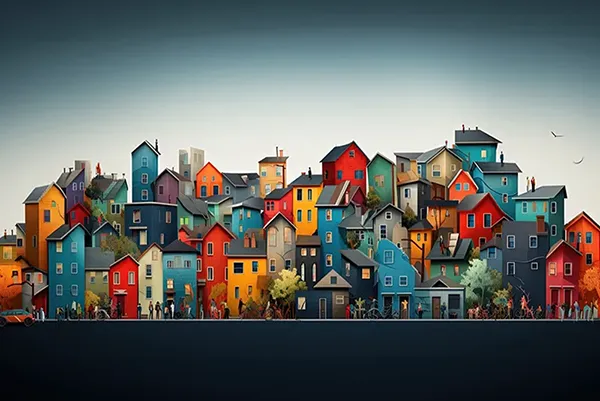 A moody illustration with a grayish blue sky and many color houses almost stacked atop each other.