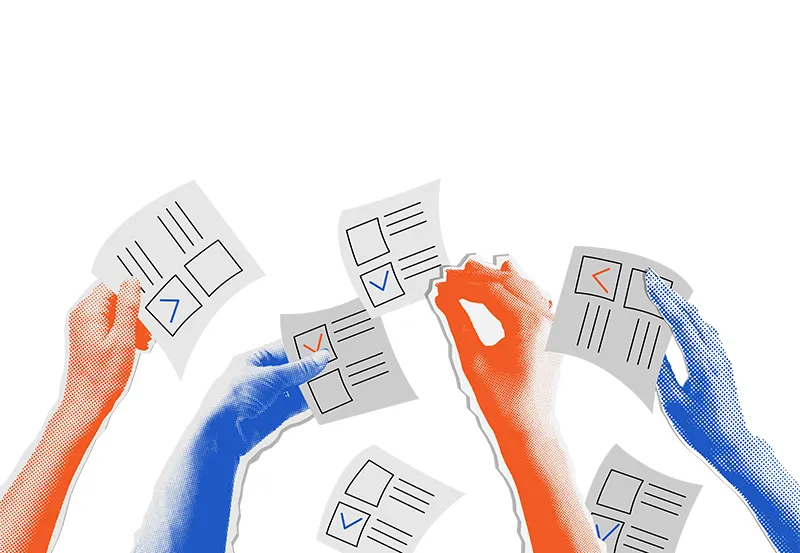 Four arms alternating between red and blue with hands holding papers with red and blue checkmarks.