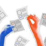 Four arms alternating between red and blue with hands holding papers with red and blue checkmarks.