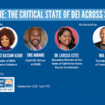 A blue background with a number of faces in circles representing the speakers of the DEI or Die webinar.