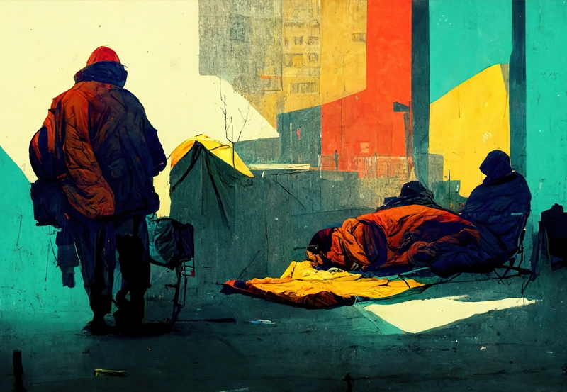 An abstract image of homelessness with deep greens, yellows, and oranges.