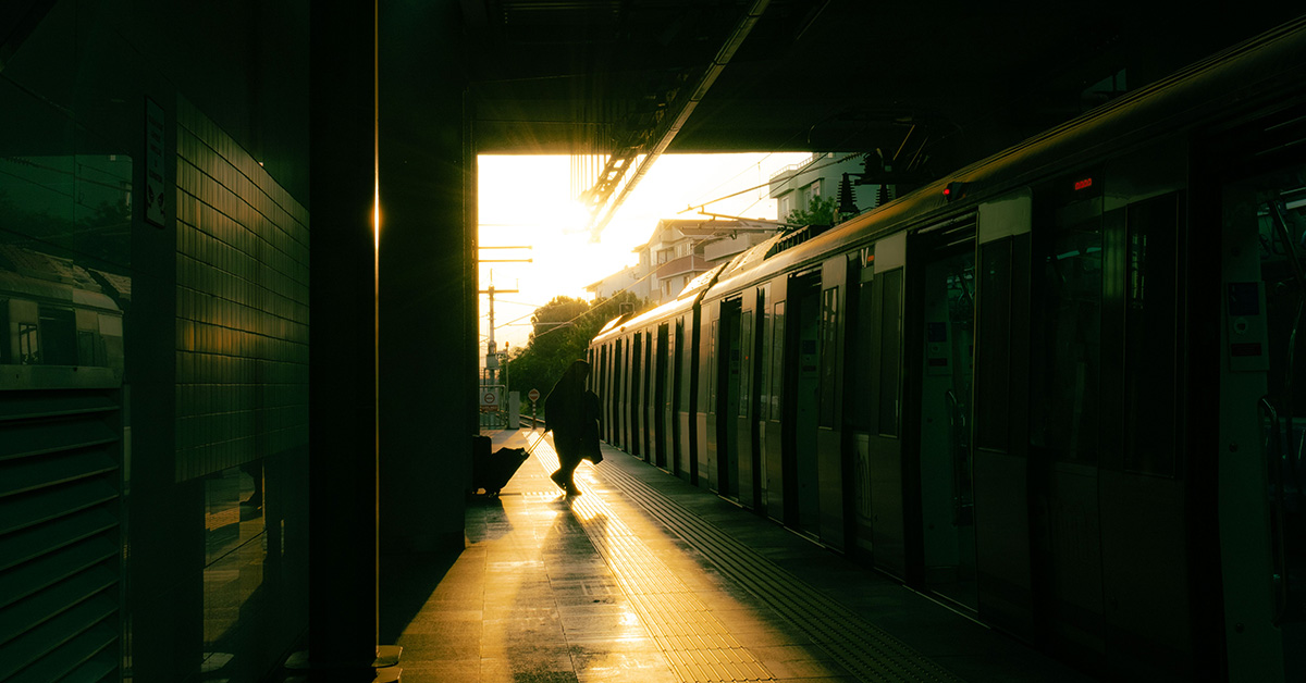 A moody lightrail station platform.
