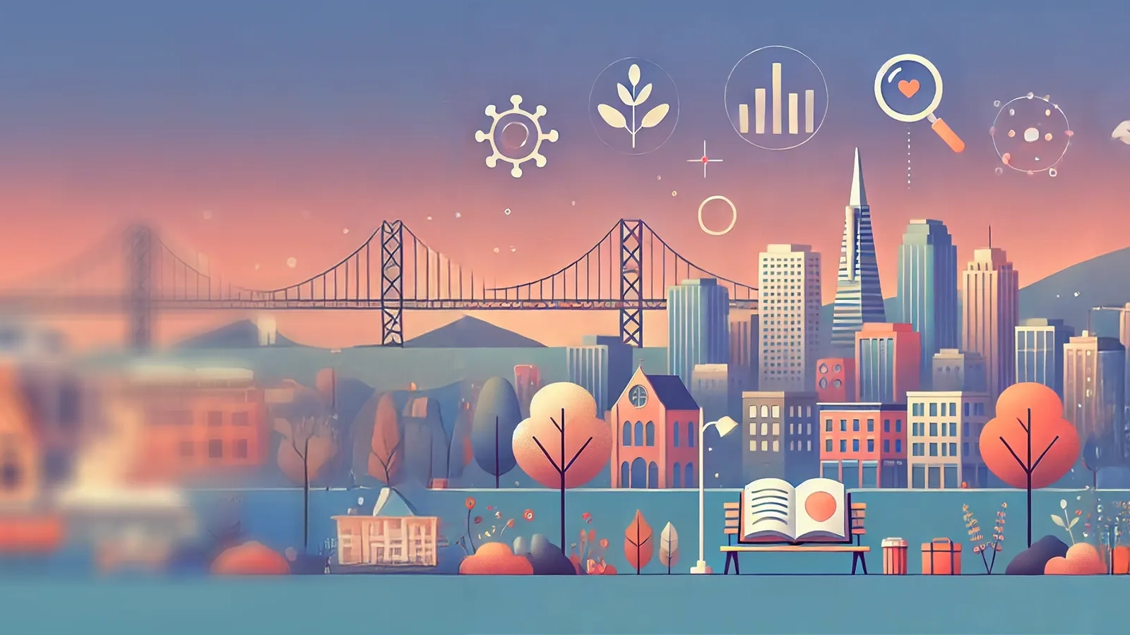 A rendering of muted colors and an amalgamation of bay area cities.